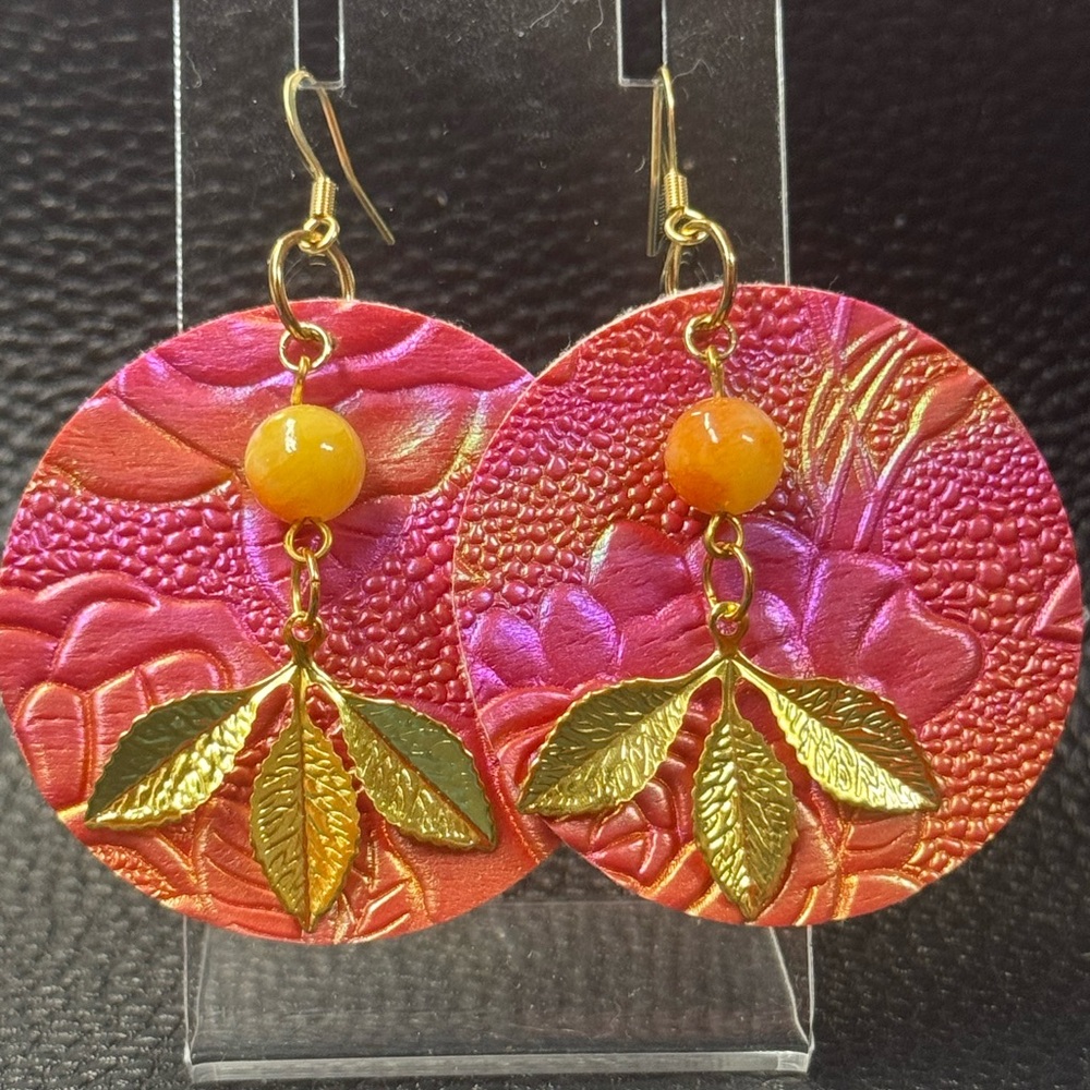 Handmade pink iridescent, floral embossed faux leather earrings